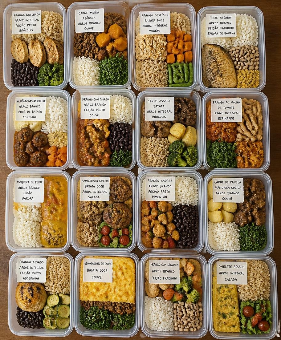 Marmitas etiquetadas e organizadas prontas para o freezer